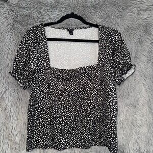 River Island Blouse Top Black White Print Short Sleeve Square Neck Size 12